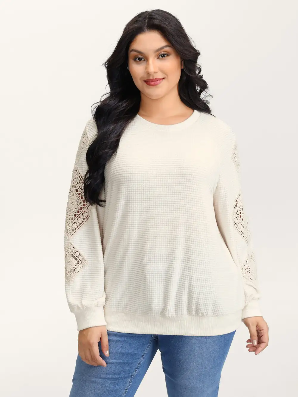 Lace Textured Sheer Sleeve Sweatshirt
