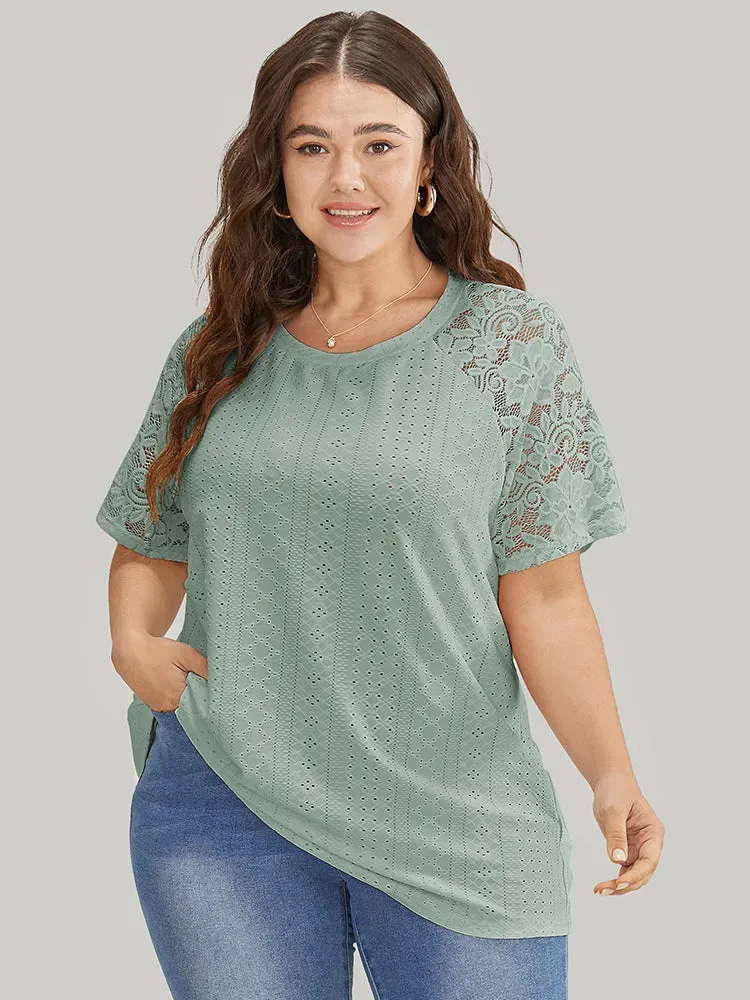 Solid Broderie Anglaise Lace Raglan Sleeve T-shirt