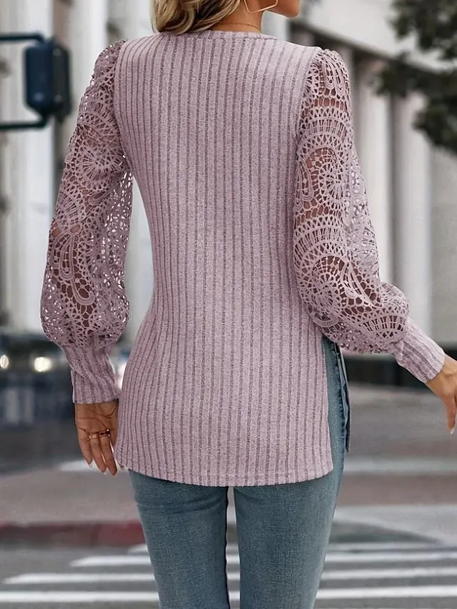 Women's Blouse Textured Ribbed Solid Color Eyelet Daily Elegant Stylish Puff Sleeve Long Sleeve