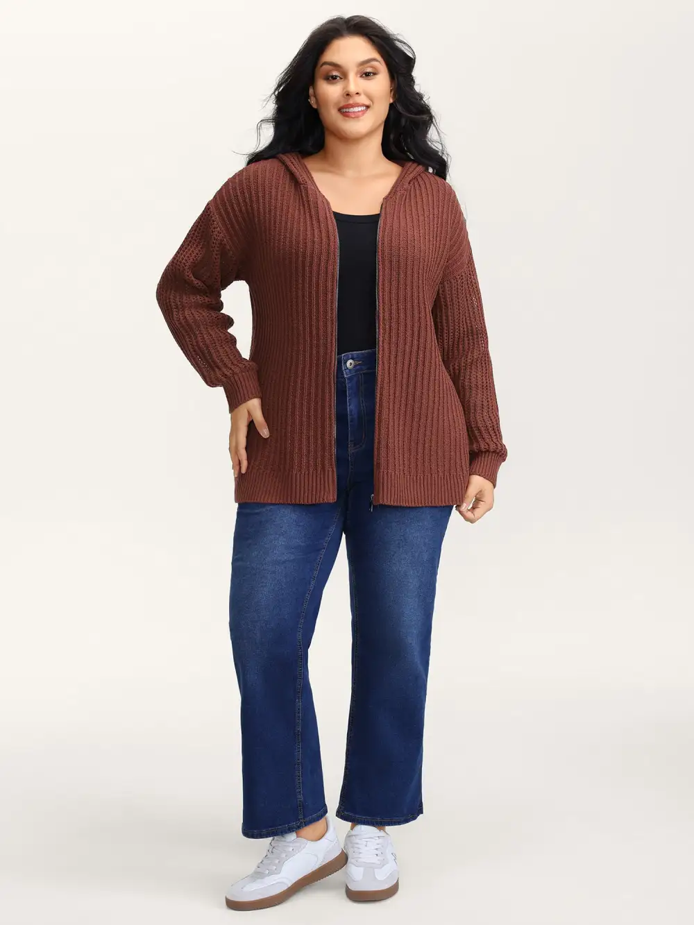 Textured Zipper Front Hooded Knit Cardigan