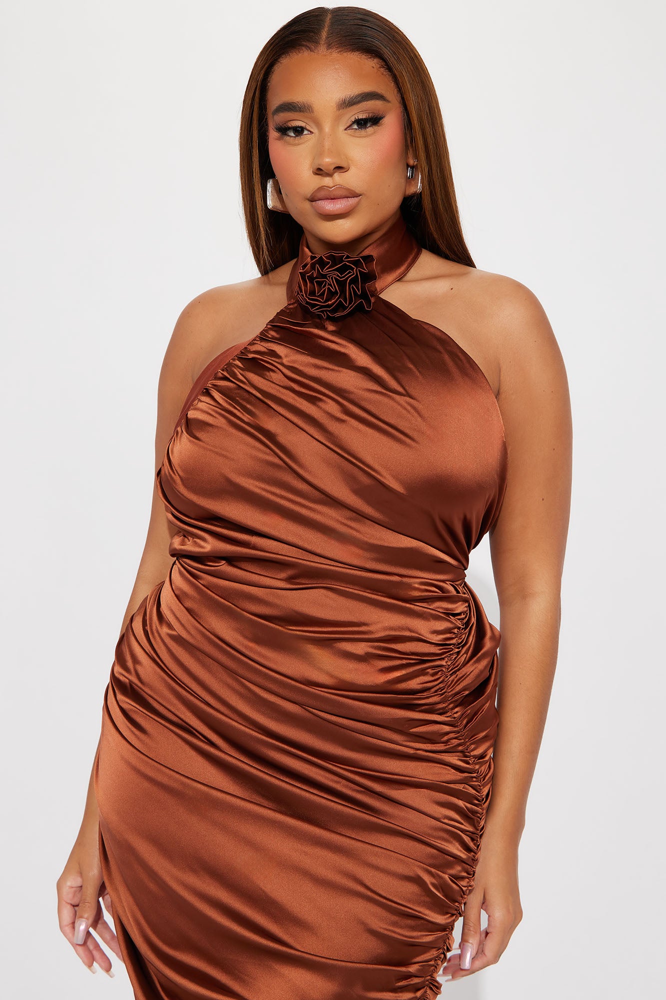 When In Rome Rosette Satin Midi Dress - Cognac