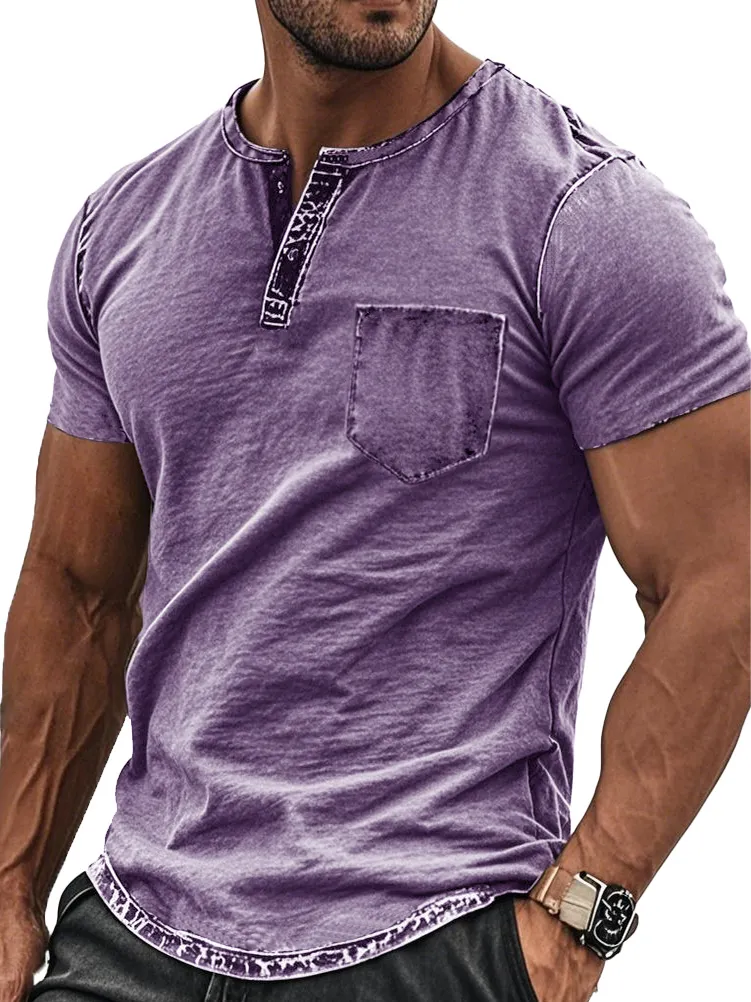 Men's Fashion Retro Distressed Pocket Short-sleeved Henley Shirt