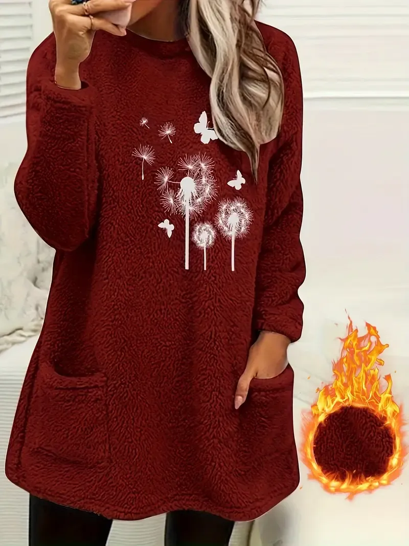 Chic & Cozy Dandelion-Butterfly Print Crew Neck Sweatshirt - Casual, Warm Winter Essential with Pocket