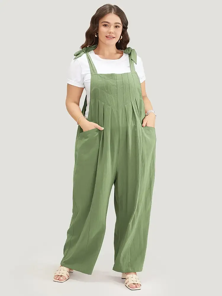Solid Pleated Detail Pocket Knotted Shoulder Overall Jumpsuit