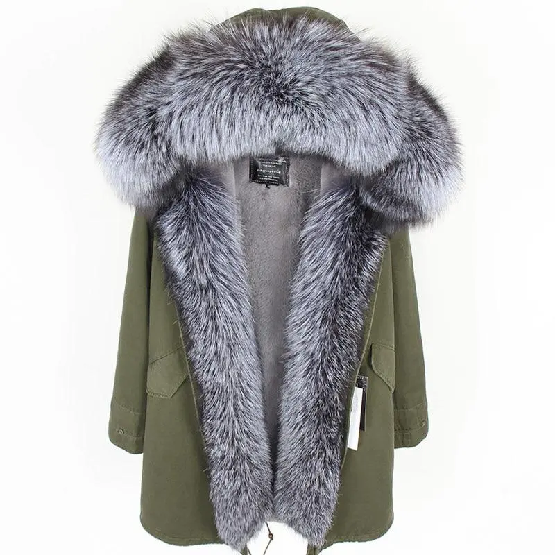 Women's Parka Natural Fox Fur Long Coat Artificial Fur Lining Fur