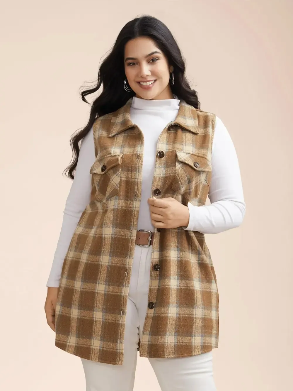 Plaid Flap Detail Sleeveless Jacket