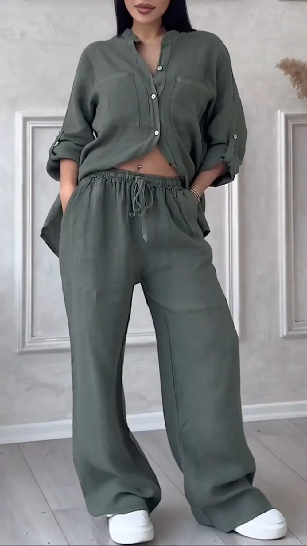 Women's V-neck Cotton and Linen Casual Suit