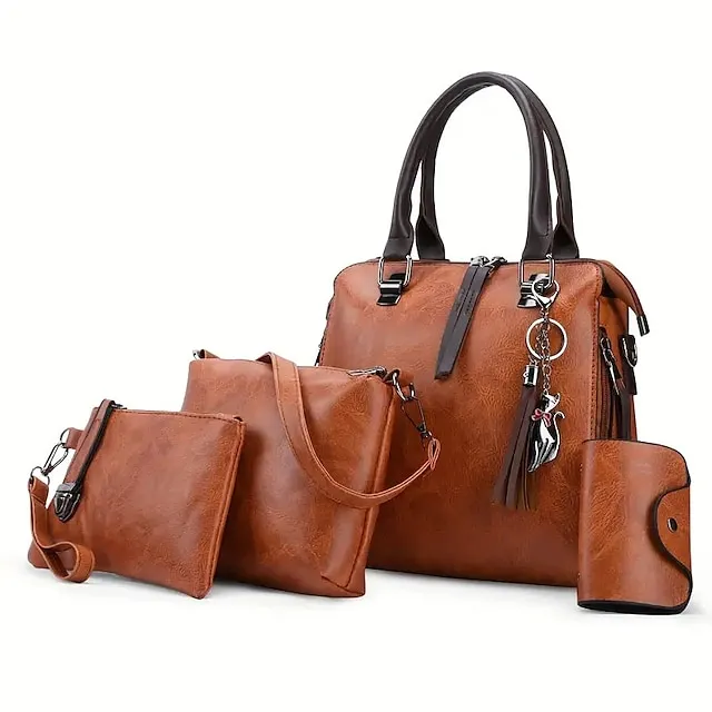 Boston Women's Handbag Set-PU Leather Shopping Bag-Zipper Adjustable Large Capacity Waterproof Bag-Set of 4