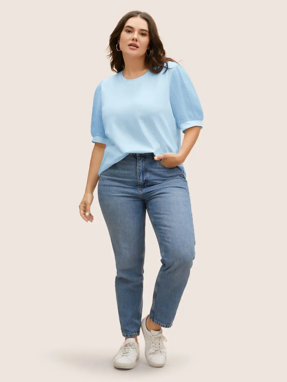 Plain Textured Patchwork Lantern Sleeve T-Shirt