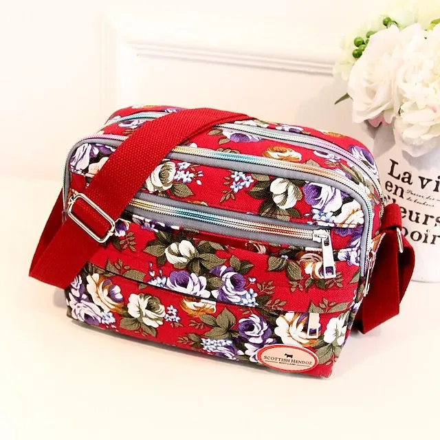 Women's Crossbody Bag Shoulder Bag Hobo Bag Canvas Shopping Daily Zipper Flower Large Capacity Foldable Lightweight Flower Black Red Blue