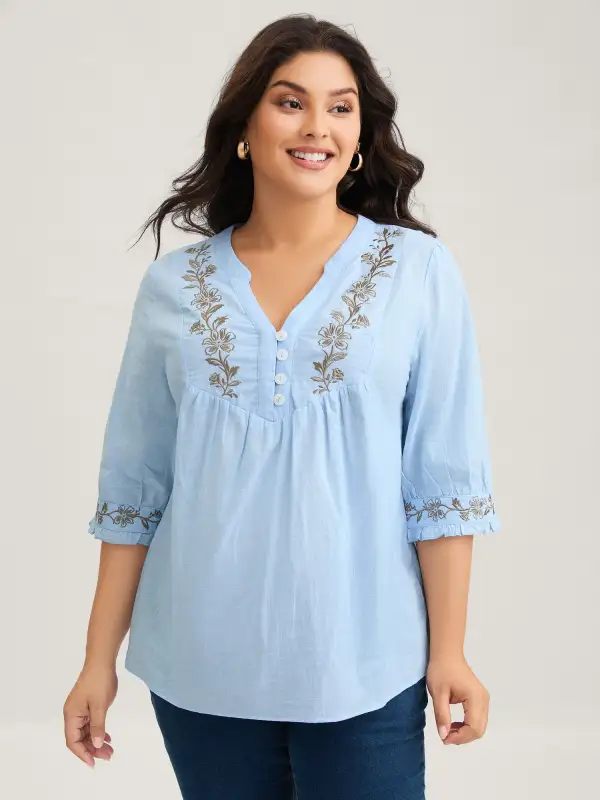 Cotton Floral Embroidered Notched Collar Frill Trim Blouse