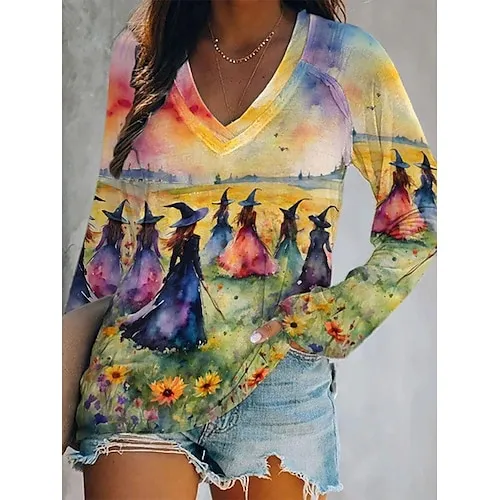Women's Halloween Sweatshirt Pullover Witch Halloween Print Yellow Casual Crew Neck Long Sleeve Top Micro-elastic Spring Fall & Winter