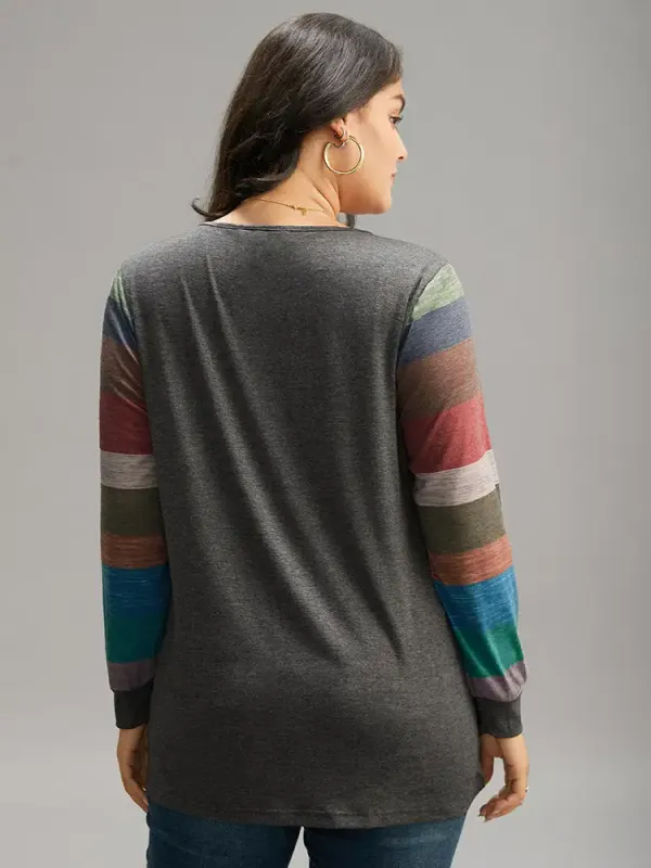 Colorblock Contrast V Neck Button Up T-Shirt