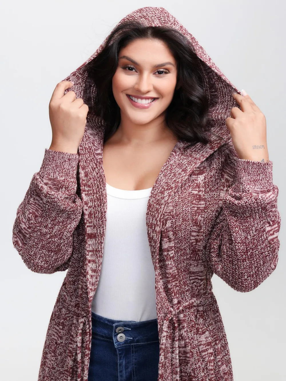 Cable Stitch Heather Hooded Knit Cardigan