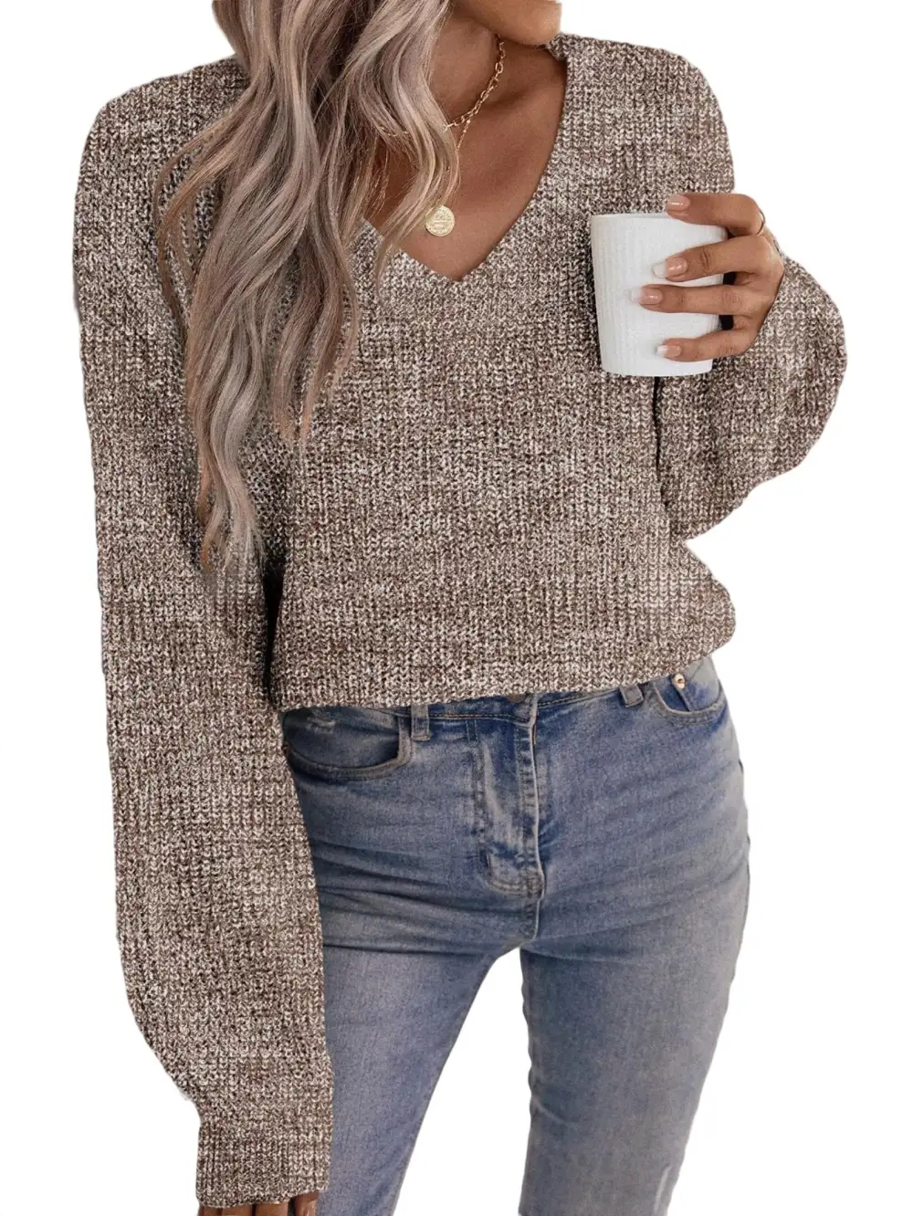 Casual Plain V neck Pullovers Long Sleeve Brown Women Sweaters (Women's)