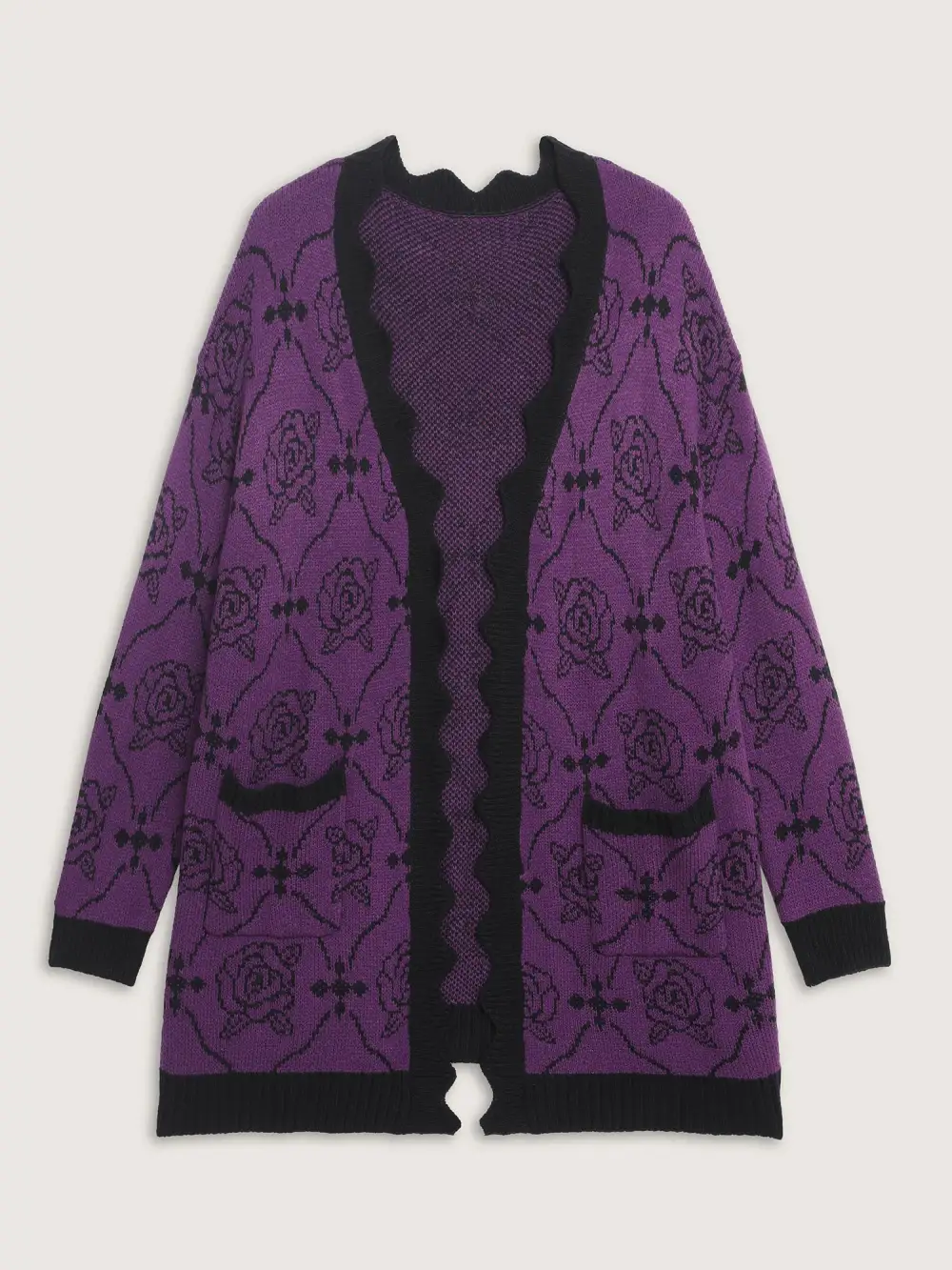 Floral Pattern Scalloped Collar Knit Cardigan
