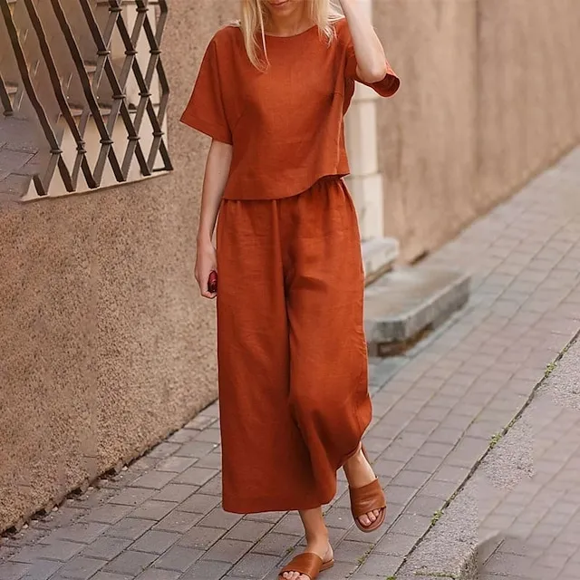 Women's Loungewear 2 Piece Linen Sets Solid  Color Crew Neck  Lounge Set Short Tops with Long Pants Spring Summer