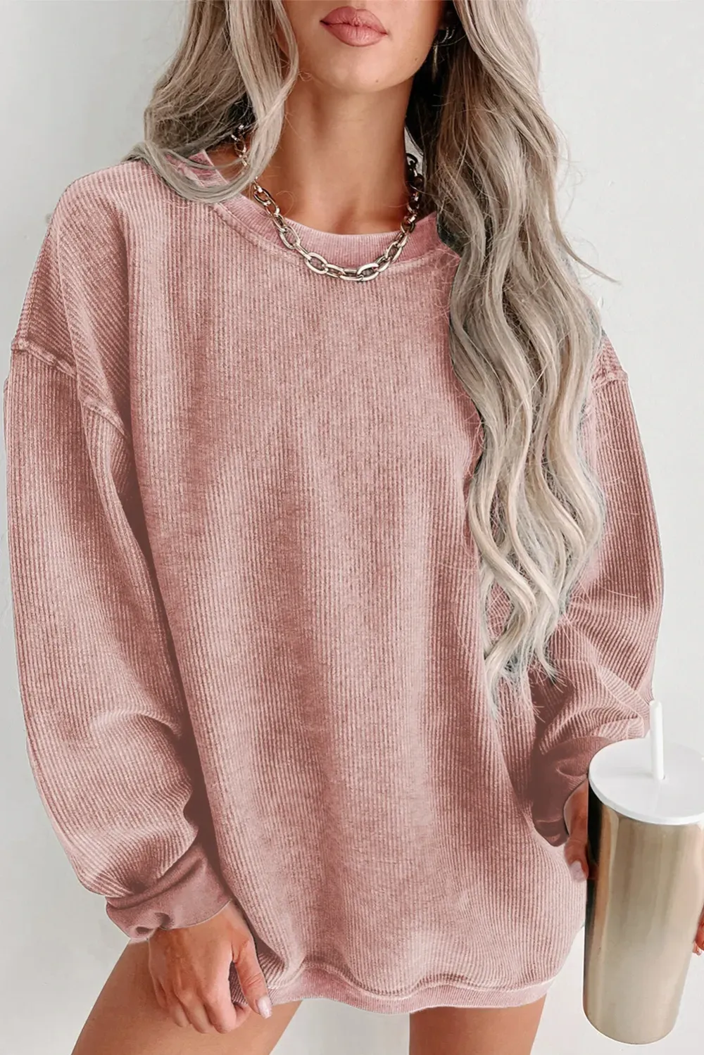 ✨ Women's Solid Color Ribbed Knit Round Neck Pullover Sweatshirt