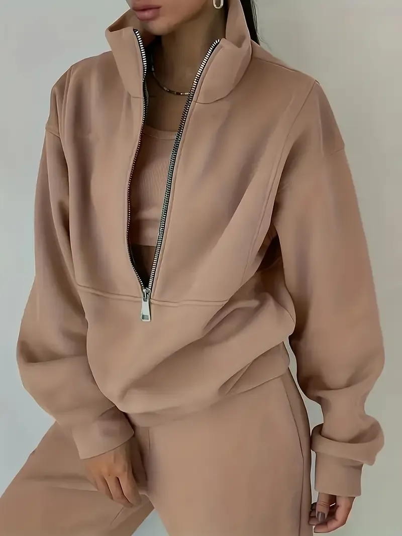 Two-Piece Solid Color Casual Outfit - High Neck Zip Front Long Sleeve Sweatshirt & Elastic Waist Pants