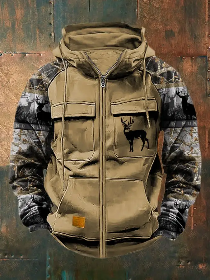 Men's Vintage Western Deer Print Multi-Pocket Jacket