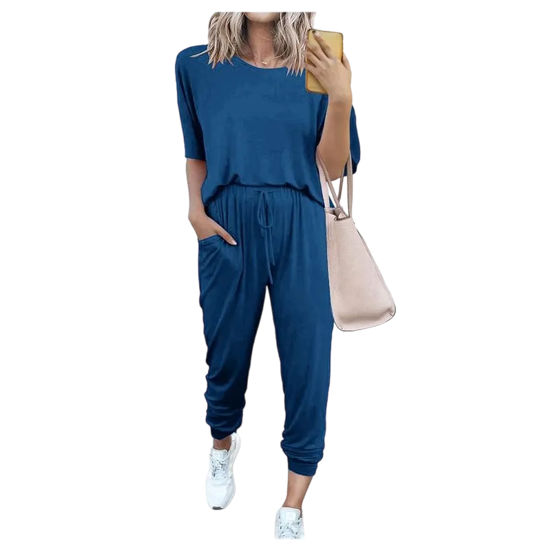Women’s 2-Piece Summer Lounge Set, Short Sleeve Crew Neck Top & Drawstring Joggers with Pockets, Comfy Tracksuit