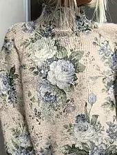 Women's Sweater Casual Soft Floral Graphic Ribbed Turtleneck Floral Knitted Print Long Sleeve Regular Tops Knit Outdoor Daily Weekend Light Blue Fall Winter