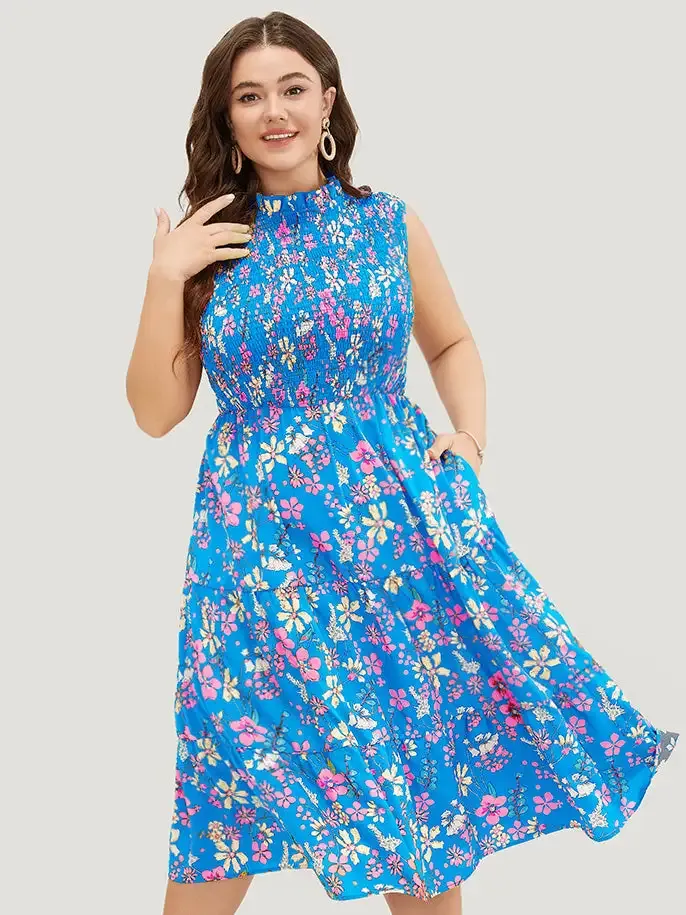 Floral Shirred Mock Neck Cut Out Pocket Ruffle Hem Dress