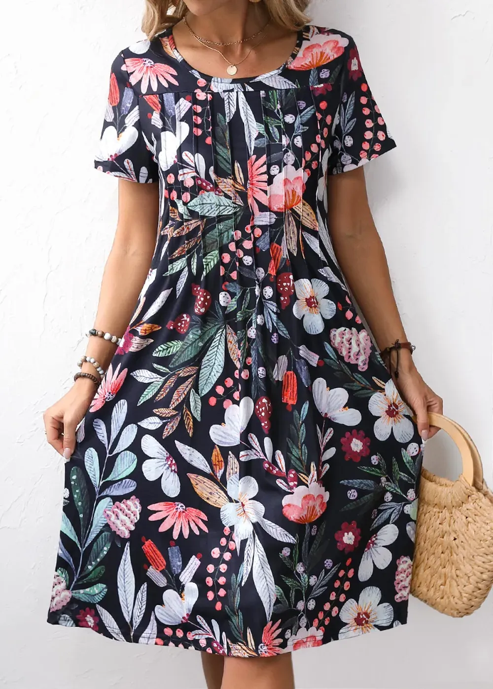 Black Pocket Floral Print Short Sleeve Round Neck Dress