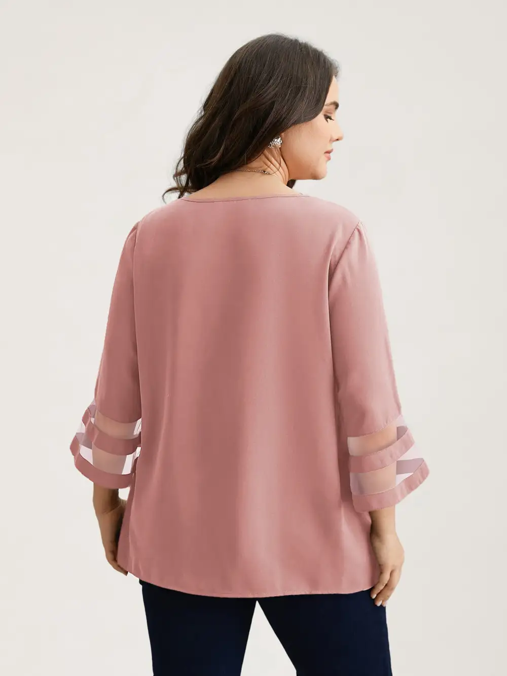 Sheer Sleeve Patchwork Asymmetrical Neckline Blouse