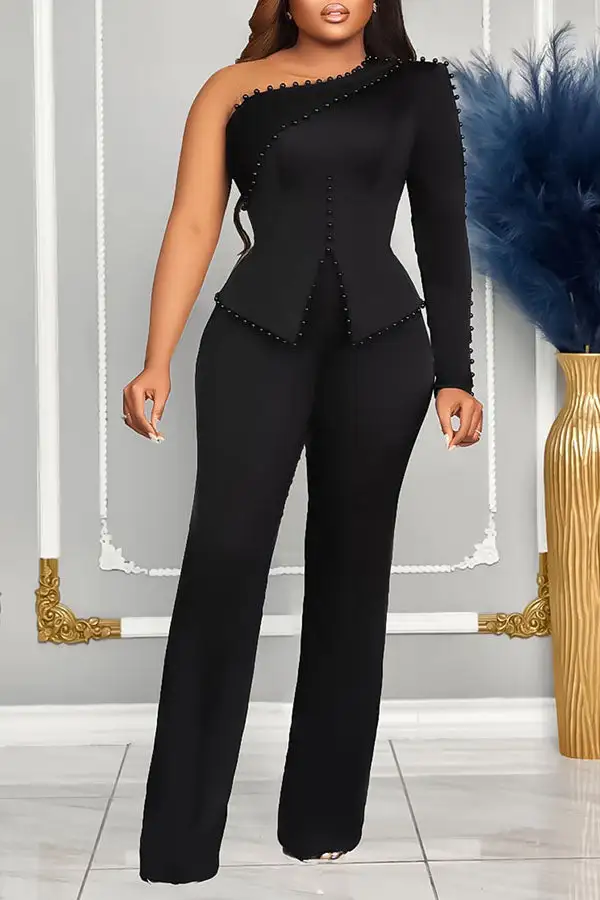 Beaded Decor Glamorous One Shoulder Pant Suit