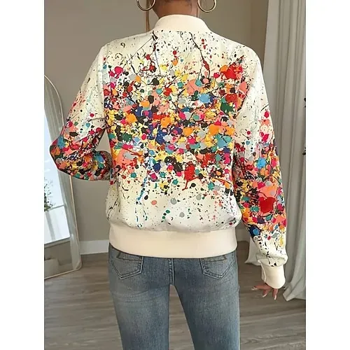 Women's Casual Jacket Comfortable Zipper Fashion Daily Modern Floral School Outdoor Vacation Home Regular Baseball Collar Regular Fit Long Sleeve Outerwear White Spring Fall