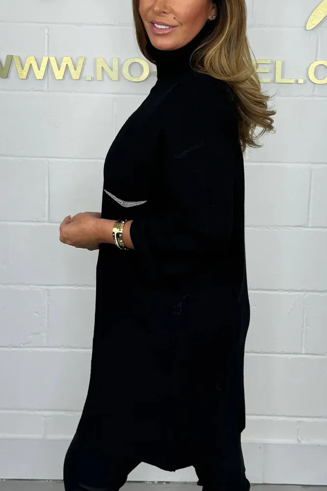 Soft Knit Roll Neck Front Split Silver Chain Pocket Jumper