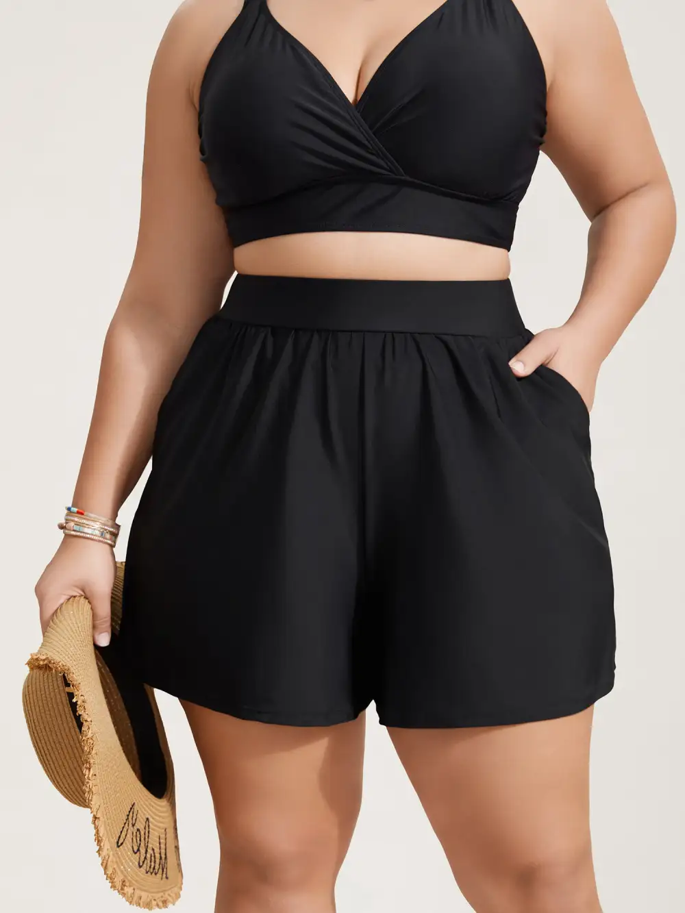 High Waisted Pockets Solid Pleated Swim Bottom