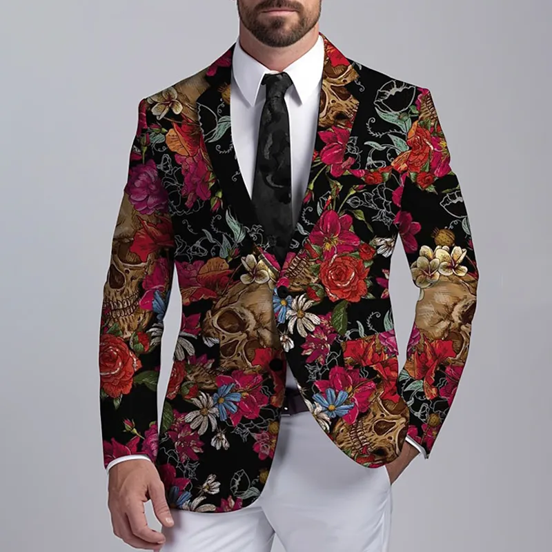 Men's Retro Skull Floral Pattern Single Breasted Notch Lapel Blazer
