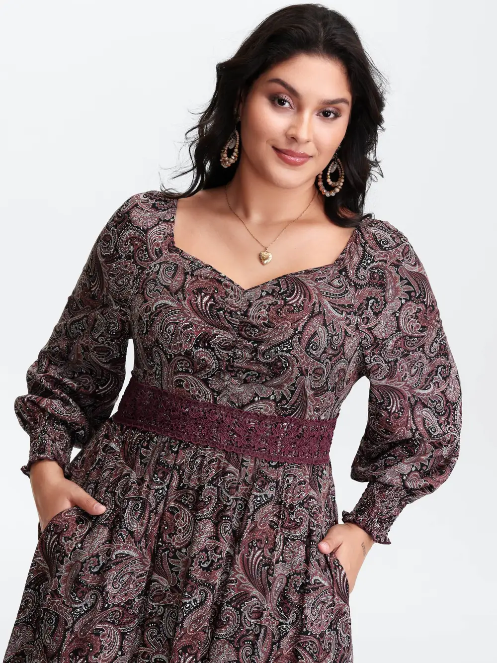 Paisley Print Lace Patchwork Midi Dress