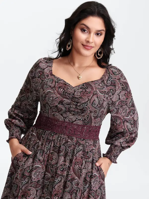 Paisley Print Lace Patchwork Midi Dress