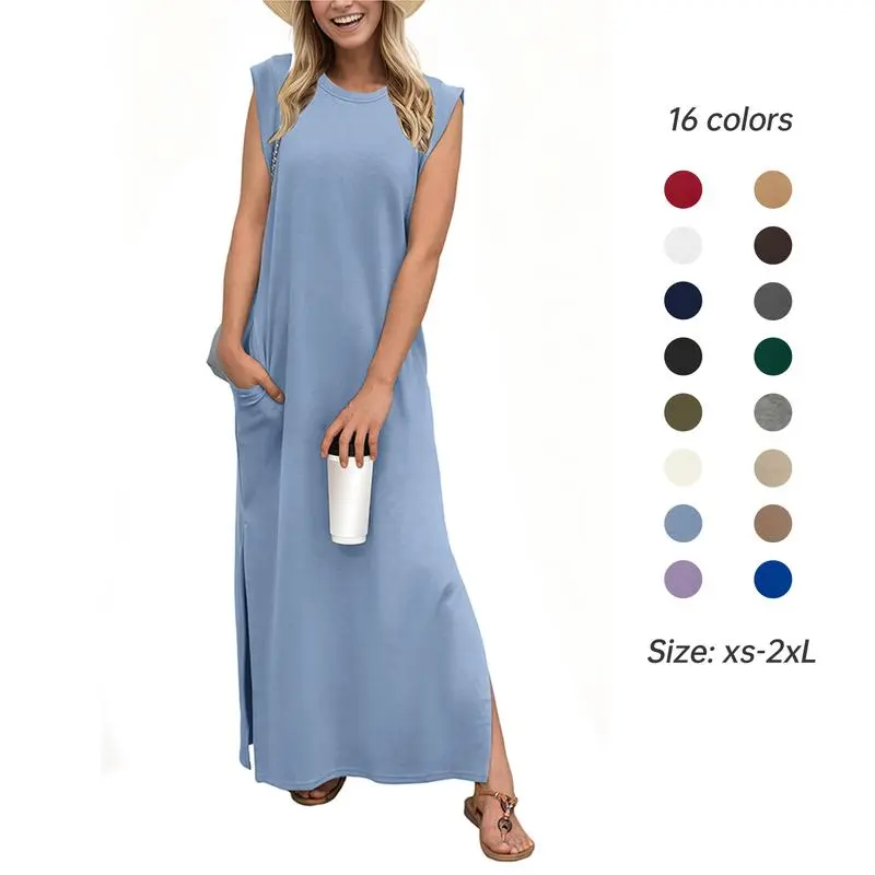 Women's Wrinkle-Free Maxi Vacation Dress – Loose Fit, Split Hem, with Pockets, XS-5XL (Black, Summer Ready)