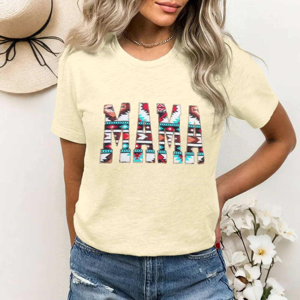 Women'S T-Shirt Cotton Alphabet Print Aztec Print T-Shirt Round Neck MAMA Short Sleeve