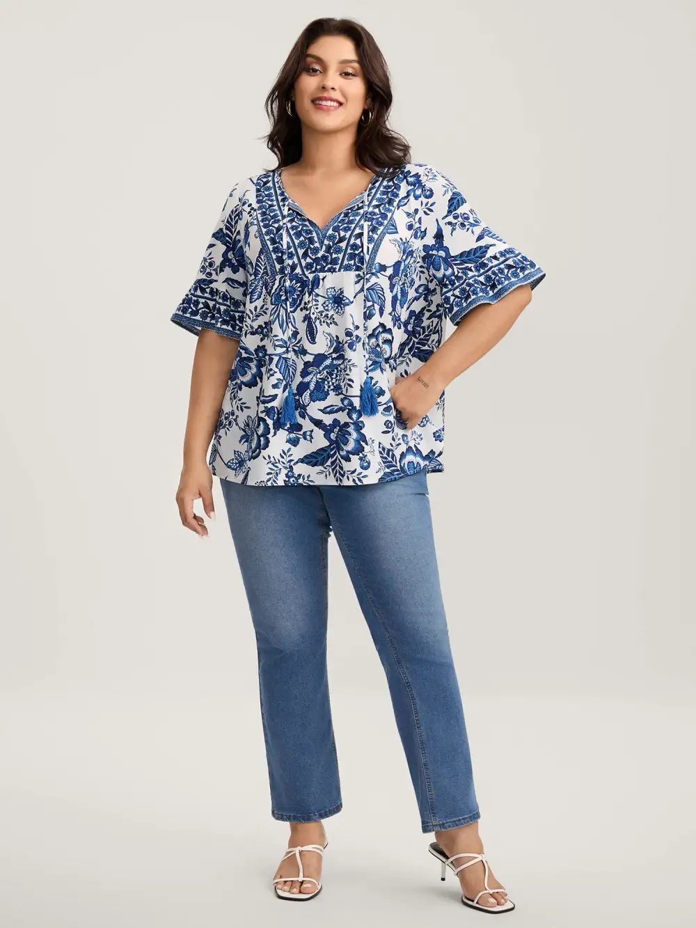 Floral Print Neck Tassels Blouse