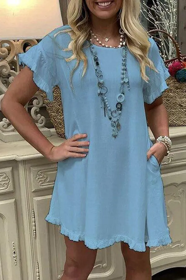 Solid Ruffled Short Sleeve Dress