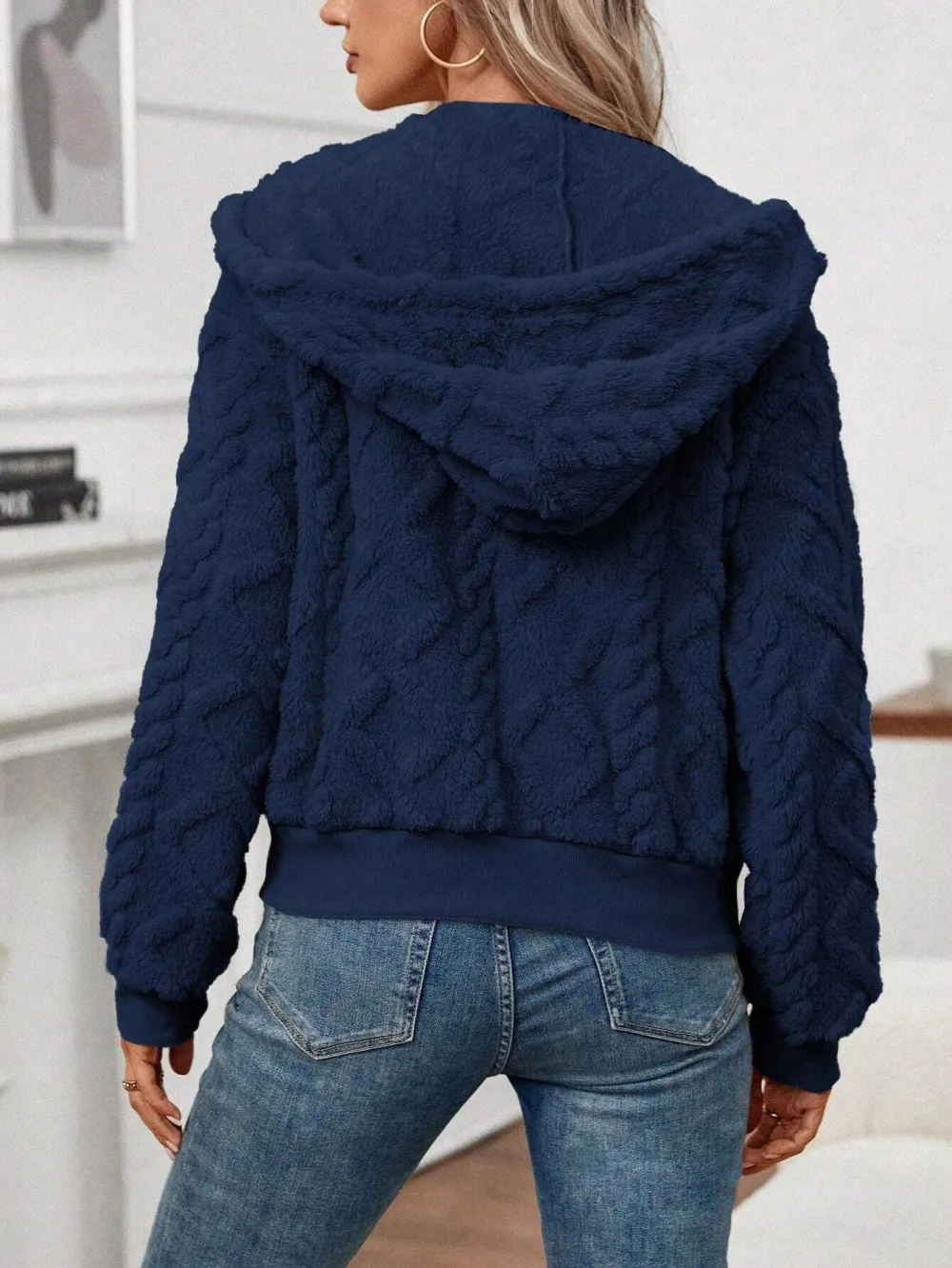 Women's Black Textured Plush Hooded Jacket