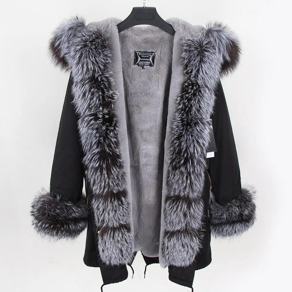 ✨Clearance Sale✨ Women's Parka Fox Fur Coats Real Fur Winter Long Black Park Cotton Thick Warm