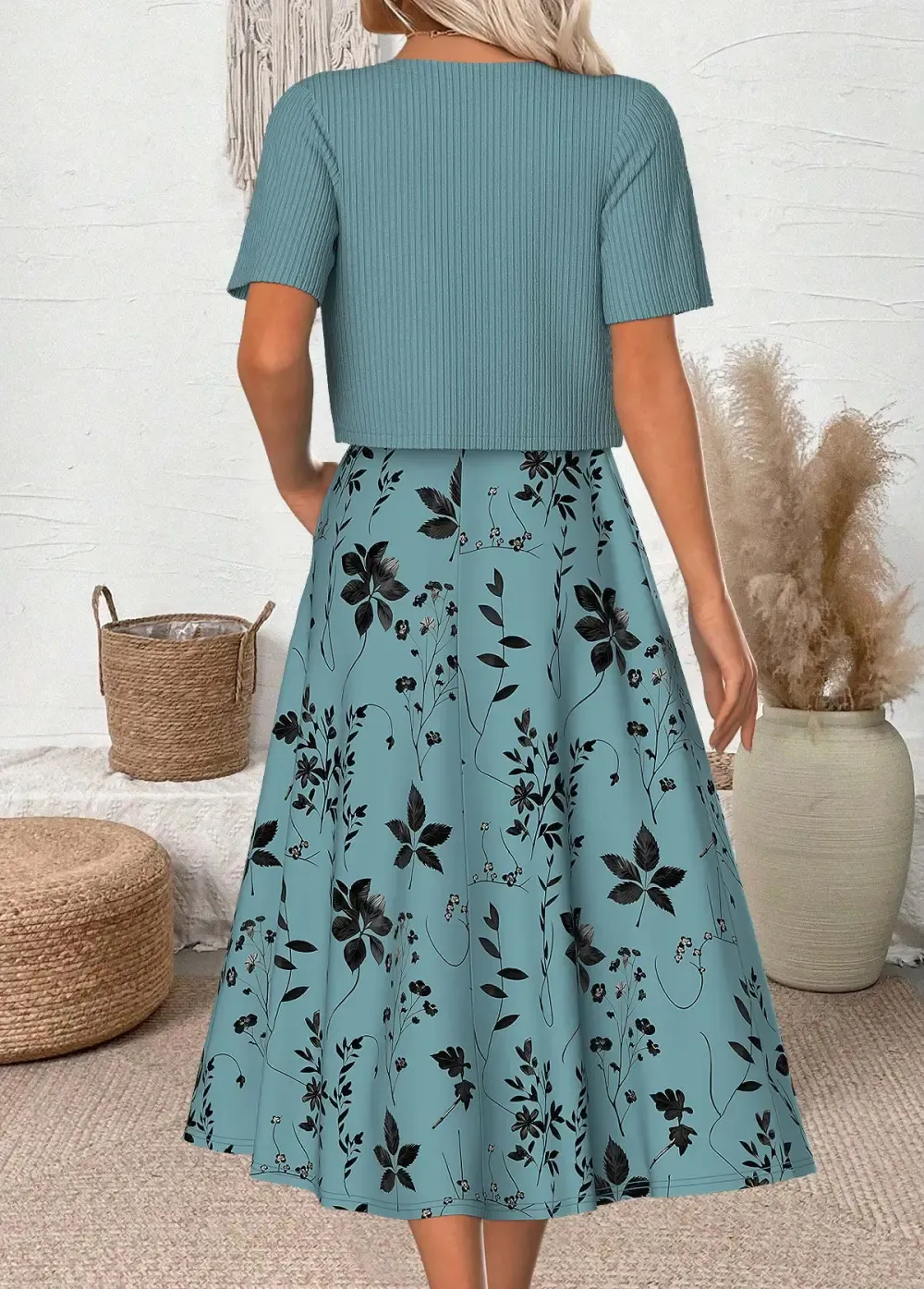 Cyan Leaf Print 3/4 Sleeve Dress and Cardigan