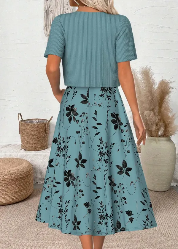 Cyan Leaf Print 3/4 Sleeve Dress and Cardigan