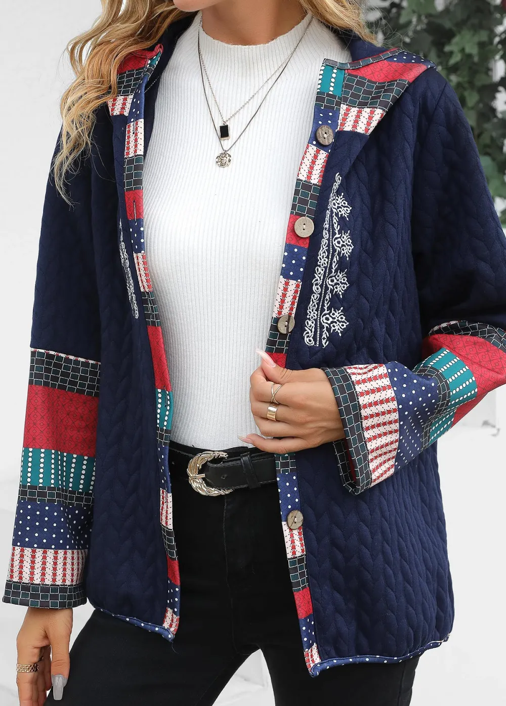 Navy Patchwork Tribal Print Long Sleeve Hooded Coat