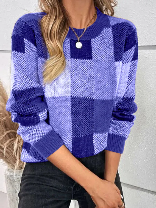 Casual Cotton Plaid Pattern Drop Shoulder Sweater
