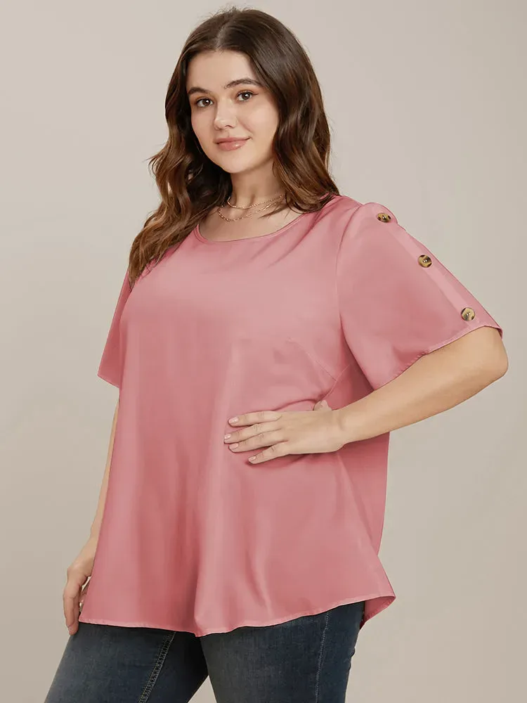Plain Round Neck Button Detail Blouse