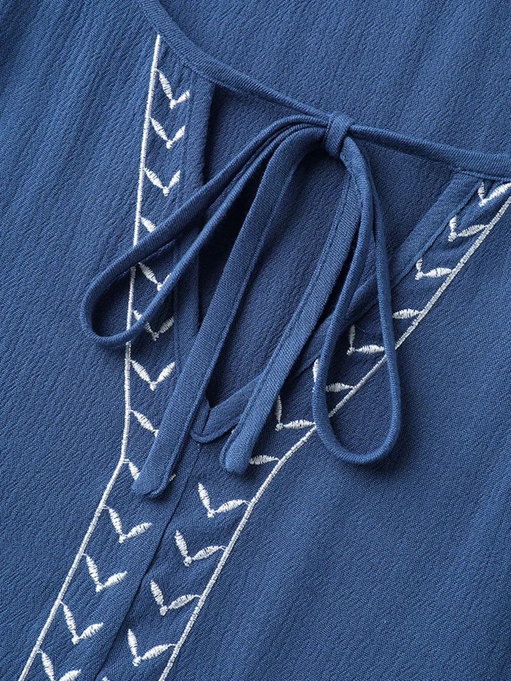 Floral Embroidery Textured Neck Tie Blouse