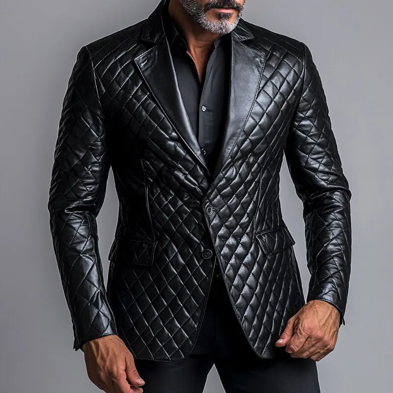 Men's PU Leather Quilted Notched Lapel Two Button Long Sleeve Blazer