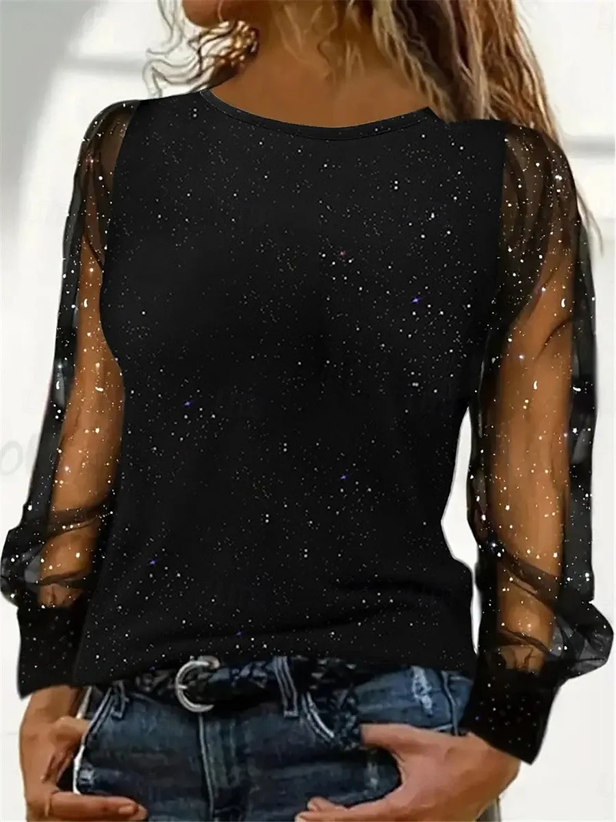Women's Sequin Sparkly Party Glitter Plain Fashion Modern Casual Long Sleeve Crew Neck Regular Tops Daily Weekend Patchwork Mesh Black Wine Blue Fall Winter